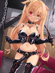 1girl black_gloves blonde_hair bondage_outfit boots breasts chain collar corset dildo dominatrix gin_(shioyude) gloves heterochromia highres holding holding_whip jewelry kantai_collection key latex murasame_(kancolle) navel necklace panties red_eyes sex_toy shiny_clothes solo strap-on thigh_boots underwear whip yellow_eyes 