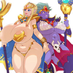  2girls areola_slip armlet bikini blonde_hair blue_eyes bracelet breasts cape chaos_breaker cleft_of_venus colored_skin fina_(chaos_breaker) gigantic_breasts green_hair headgear highres jewelry lips multiple_girls nagar no_panties pasties pelvic_curtain pointy_ears purple_skin pussy revealing_clothes shoulder_guard simple_background skull smile solid_eyes staff standing swimsuit tetsuwan_woopie thick_thighs thighs vambraces white_background white_bikini white_lips wide_hips 