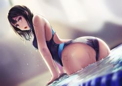 1girl ass back bare_legs bare_shoulders black_hair blush breasts commentary_request competition_swimsuit cowboy_shot from_behind hair_between_eyes highleg highleg_swimsuit huge_ass looking_at_viewer looking_back medium_breasts medium_hair neko_neko_koneko one-piece_swimsuit open_mouth original partially_submerged pool purple_eyes solo swimsuit water wet rating:Sensitive score:46 user:danbooru