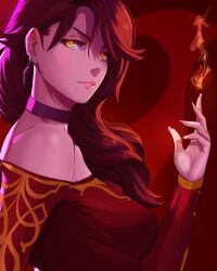 absurdres black_choker black_hair breasts choker cinder_fall commission commissioner_upload dress earrings fire highres jewelry light_smile medium_breasts red_dress ridd-li rwby solo yellow_eyes