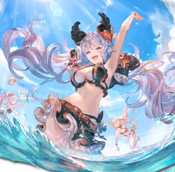 &gt;_&lt; 3girls :d ^^^ alpha_transparency animal_ears armpits arms_up athena_(granblue_fantasy) ball beachball belt bikini bikini_skirt black_bikini blonde_hair blue_sky blush breasts cloud day flower frilled_swimsuit frills gluteal_fold granblue_fantasy hair_between_eyes hair_flower hair_ornament hair_ribbon hibiscus large_breasts lens_flare long_hair looking_at_viewer low_twintails medusa_(shingeki_no_bahamut) midriff minaba_hideo multiple_girls navel official_art open_mouth purple_eyes purple_hair red_bikini red_flower ribbon satyr_(granblue_fantasy) shingeki_no_bahamut sky smile star_(symbol) swimsuit teeth thigh_gap transparent_background twintails upper_teeth_only very_long_hair water rating:Sensitive score:9 user:danbooru