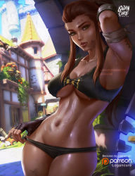  1girl against_wall armor artist_name bandaged_arm bandages black_panties black_shirt blouse blue_sky breasts brigitte_(overwatch) brown_eyes brown_hair castle cleavage collarbone cowboy_shot day dirty dirty_face fingerless_gloves freckles front-tie_top gloves highres hot ivy lips logan_cure logan_cure_overwatch long_hair looking_at_viewer medium_breasts navel nose outdoors overwatch overwatch_1 panties panty_pull parted_lips patreon patreon_logo ponytail pulling_own_clothes realistic red_hair shiny_skin shirt shoulder_tattoo sidelocks signature sky sleeveless sleeveless_shirt smile solo sweat t-shirt tank_top tattoo underboob underwear watermark web_address  rating:Sensitive score:53 user:danbooru