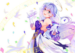  1girl :d absurdres bare_shoulders commentary confetti detached_sleeves dress gloves green_eyes head_wings highres holding holding_microphone honkai:_star_rail honkai_(series) long_hair microphone musical_note open_mouth purple_hair robin_(honkai:_star_rail) sd4869 smile solo staff_(music) strapless strapless_dress very_long_hair white_gloves wings 
