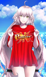 1girl ahoge alternate_hairstyle blouse blue_sky blurry blurry_background blush bokeh bracelet braid clothes_writing collarbone commentary_request day depth_of_field fate/grand_order fate_(series) hair_ornament hair_scrunchie hair_tie highres jeanne_d&#039;arc_(fate) jeanne_d&#039;arc_alter_(fate) jeanne_d&#039;arc_alter_(festival_outfit)_(fate) jewelry long_hair looking_at_viewer low-tied_long_hair multiple_braids no_pants ocean official_alternate_hairstyle omizu_(omz) outdoors parted_lips pink_lips print_shirt red_shirt scrunchie shirt short_sleeves sky solo thigh_gap thighs twitter_username very_long_hair water yellow_eyes rating:Sensitive score:11 user:danbooru