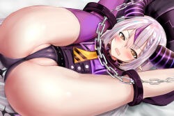  1girl ascot ass blush braid braided_bangs cameltoe chain cleft_of_venus collar demon_girl demon_horns folded grey_hair hair_between_eyes highres hololive horns knees_to_chest kokoa_ninniku la+_darknesss la+_darknesss_(1st_costume) legs_up long_hair long_sleeves looking_at_viewer lying metal_collar multicolored_hair on_back open_mouth partially_visible_vulva pointy_ears purple_hair pussy pussy_peek single_leg_pantyhose solo spread_legs streaked_hair striped_horns thighs virtual_youtuber yellow_ascot yellow_eyes  rating:Questionable score:87 user:danbooru