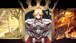  1girl absurdres armor battlefield blonde_hair blood blood_on_face braid caliburn_(fate) closed_eyes crown excalibur_(fate/stay_night) fate/grand_order fate_(series) feibai french_braid full_armor hair_ornament hair_scrunchie helmet highres holding holding_helmet mordred_(fate) no_headwear ponytail red_scrunchie scrunchie shoulder_armor solo  rating:General score:7 user:danbooru