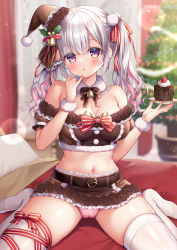 1girl bare_shoulders bell belt blurry bow bowtie breasts brown_shirt brown_skirt cake cake_slice cameltoe christmas christmas_tree cleavage crop_top depth_of_field food frilled_skirt frills fur_collar fur_trim hair_ribbon hat heart heart-shaped_pupils holding large_breasts leg_ribbon long_hair looking_at_viewer midriff miniskirt mitsuba_choco multicolored_hair navel no_shoes off-shoulder_shirt off_shoulder original panties parted_lips pink_eyes pink_panties plate pom_pom_(clothes) red_ribbon revealing_clothes ribbon santa_hat shirt short_sleeves sitting skindentation skirt solo stomach streaked_hair symbol-shaped_pupils thighhighs thighs twintails two-tone_hair underwear wariza white_hair white_thighhighs rating:Sensitive score:30 user:danbooru