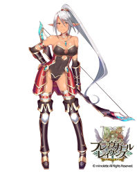 1girl armor armored_boots bare_shoulders black_leotard blush boots bow_(weapon) brave_girl_ravens breasts cleavage closed_mouth collarbone contrapposto copyright_name covered_navel dark_elf dark_skin dark-skinned_female elf female_focus full_body gluteal_fold hand_on_own_hip high_ponytail highleg highleg_leotard holding holding_bow_(weapon) holding_weapon horosuke jewelry large_breasts leotard long_hair looking_at_viewer neck_ring official_art pendant pointy_ears silver_hair simple_background solo standing strapless strapless_leotard thigh_boots thighhighs vambraces very_long_hair waist_plate waistplate weapon white_background yellow_eyes rating:Sensitive score:45 user:danbooru