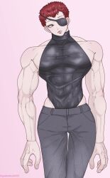  1boy abs eyepatch grappler_baki gym_uniform hector_doyle highres looking_to_the_side male_focus muscular muscular_arms muscular_legs muscular_male pectorals red_eyes red_hair solo  rating:Questionable score:0 user:Keplergym2