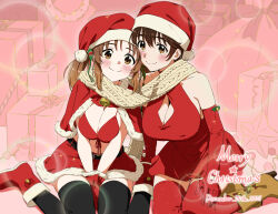  2girls absurdres bare_shoulders bell bikini black_thighhighs blush boots breasts brown_eyes brown_footwear brown_hair cable_knit capelet christmas cleavage dated dr._gero_(staedtler_0508) dress elbow_gloves front-tie_bikini_top front-tie_top fur-trimmed_capelet fur-trimmed_gloves fur-trimmed_skirt fur_trim gloves hair_ornament hat highres idolmaster idolmaster_cinderella_girls large_breasts long_hair merry_christmas multiple_girls navel neck_bell oikawa_shizuku red_bikini red_capelet red_dress red_footwear red_gloves red_thighhighs santa_bikini santa_hat scarf shared_clothes shared_scarf short_hair sitting skirt smile swimsuit thighhighs totoki_airi twintails wariza 