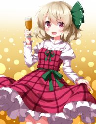  1girl :d alcohol beer beerko blonde_hair brown_background commentary_request cup dress drinking_glass gradient_background green_hairband hairband highres holding holding_cup juliet_sleeves long_sleeves looking_at_viewer open_mouth plaid plaid_dress puffy_sleeves red_dress red_eyes ruu_(tksymkw) short_hair smile solo touhou 