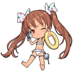  1girl ;d adapted_turret bare_shoulders barefoot bikini brown_eyes brown_hair dark-skinned_female dark_skin drink fang feet food full_body gun hair_ribbon holding holding_gun holding_weapon innertube kantai_collection libeccio_(kancolle) long_hair looking_at_viewer navel official_alternate_costume one-take one_eye_closed open_mouth ribbon shaved_ice smile soles solo swim_ring swimsuit thigh_strap turret twintails weapon white_bikini 