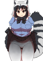  1girl animal_ears black_gloves black_hair bow bowtie breasts brown_eyes clothes_lift common_raccoon_(kemono_friends) fang fang_out gloves grey_hair grey_pantyhose highres isna_(footprintsofisna) kemono_friends large_breasts lifted_by_self multicolored_hair panties panties_under_pantyhose pantyhose raccoon_ears raccoon_girl raccoon_tail short_hair simple_background skirt skirt_lift smile solo striped striped_panties tail two-tone_hair underwear white_background  rating:Sensitive score:9 user:danbooru