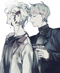  2boys atou_haruki black_jacket black_shirt black_sweater blonde_hair blood blood_on_face closed_eyes commentary constricted_pupils gun hand_on_another&#039;s_shoulder highres holding holding_gun holding_weapon jacket kanou_aogu lab_coat long_sleeves male_focus multiple_boys no_eyewear open_clothes parted_lips red_eyes saibou_shinkyoku sanglom shirt short_hair simple_background smile sweater symbol-only_commentary turtleneck turtleneck_sweater weapon white_background white_hair 