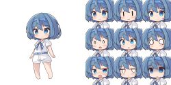  0_0 1girl :3 :d :o barefoot belt belt_buckle blue_belt blue_bow blue_eyes blue_hair blue_hairband blush bow buckle cevio chibi closed_mouth collared_shirt commentary_request empty_eyes expressions hair_between_eyes hairband highres jitome multiple_views o_o open_mouth parted_lips puffy_short_sleeves puffy_sleeves ryogo shirt short_sleeves shorts simple_background smile suzuki_tsudumi sweat teardrop v-shaped_eyebrows white_background white_shirt white_shorts |_| 