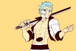  1boy bleach blue_eyes blue_hair grimmjow_jaegerjaquez male_focus muscular muscular_male nortuet short_hair simple_background smile solo yellow_background  rating:Sensitive score:15 user:The_Vision_of_Dysle
