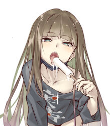  1boy bad_id bad_pixiv_id black_shirt brown_hair collarbone food green_eyes gretel_(sinoalice) happy_turn2 holding holding_food holding_popsicle leaning_forward licking long_hair long_sleeves male_focus mask mouth_mask open_mouth popsicle sexually_suggestive shirt simple_background sinoalice solo tongue tongue_out trap white_background  rating:Questionable score:78 user:danbooru