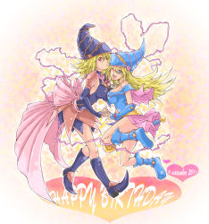 2girls :o ;d artist_request bare_legs bare_shoulders birthday blonde_hair blue_eyes blue_footwear boots couple dark_magician_girl dated duel_monster duel_monsters english_text female_focus full_body gagaga_girl happy_birthday hat heart highres legs long_hair looking_at_viewer magical_girl multiple_girls one_eye_closed open_mouth round_teeth skirt smile star_(symbol) teeth wink yu-gi-oh! yuri rating:Sensitive score:10 user:fakyuh