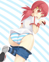  00s 1girl ass belt blush clothes_pull creatures_(company) game_freak gym_leader holding holding_poke_ball kuro_(be_ok) looking_back nintendo open_mouth panties pink_eyes pink_hair poke_ball pokemon pokemon_hgss shirt shoes short_shorts shorts shorts_pull sneakers solo striped_background striped_clothes striped_panties striped_thighhighs thighhighs twintails underwear whitney_(pokemon) wristband  rating:Questionable score:141 user:Roar_of_the_Sea