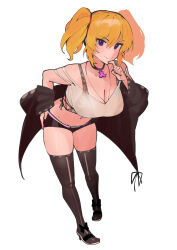  1girl bent_over black_jacket blonde_hair bra breasts choker cleavage coco_kaine dismassd earrings hand_on_own_hip highres hololive jacket jewelry large_breasts mole mole_on_breast mole_under_eye navel off_shoulder purple_eyes sandals see-through shorts solo tank_top thighhighs twintails underwear virtual_youtuber 