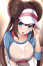  1girl absurdres blue_eyes blush breasts brown_hair commentary_request creatures_(company) double_bun enishi96 game_freak hair_between_eyes hair_bun hat highres large_breasts long_hair looking_at_viewer nintendo parted_lips pokemon pokemon_bw2 raglan_sleeves rosa_(pokemon) see-through shirt sidelocks solo sweat twintails visor_cap wet wet_clothes wet_shirt  rating:Questionable score:75 user:danbooru