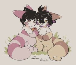 2boys :&lt; ahoge alternate_color animal animal_ears animal_paws apple black_eyes black_hair body_fur brown_eyes brown_fur closed_mouth collarbone commentary_request creatures_(company) crossed_bangs facial_mark fewer_digits florian_(pokemon) food fruit full_body furret game_freak gen_2_pokemon grass hair_between_eyes holding holding_food holding_fruit kemonomimi_mode kieran_(pokemon) light_brown_fur looking_at_viewer looking_back lunchbox_(artist) male_focus mole mole_on_neck multicolored_hair multiple_boys nintendo nude parted_lips paw_print pawpads pink_fur pokemon pokemon_(creature) pokemon_sv purple_fur purple_hair shiny_pokemon short_hair simple_background standing tail two-tone_eyes two-tone_hair whisker_markings white_background yellow_eyes
