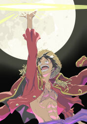 1boy abs arm_up black_eyes black_hair commentary commentary_request english_commentary facial_scar full_moon hat highres long_sleeves male_focus mixed-language_commentary monkey_d._luffy moon oda_eiichirou official_art one_piece open_clothes open_mouth scar scar_on_cheek scar_on_chest scar_on_face short_hair smile solo straw_hat teeth 