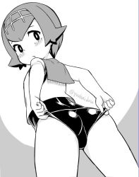  1girl adjusting_clothes adjusting_swimsuit ass ass_focus blush creatures_(company) crop_top female_focus from_behind game_freak greyscale jingai_modoki lana_(pokemon) loli looking_at_viewer looking_back monochrome nintendo one-piece_swimsuit pokemon pokemon_sm sailor_collar short_hair simple_background sleeveless solo swimsuit thighs twitter_username  rating:Sensitive score:146 user:ponekad