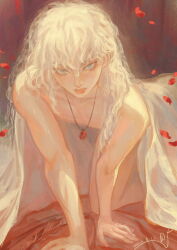  1boy absurdres all_fours bare_arms bed bed_sheet behelit berserk blanket blue_eyes closed_mouth commentary_request falling_petals griffith_(berserk) highres jewelry long_hair looking_at_viewer male_focus momoyuk2 naked_sheet necklace on_bed petals solo under_covers wavy_hair white_hair  rating:Sensitive score:13 user:danbooru