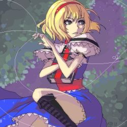 alice_margatroid arlmuffin blonde_hair book boots cross-laced_footwear dress hairband lace-up_boots lowres oekaki sash short_hair solo string touhou rating:Sensitive score:2 user:danbooru