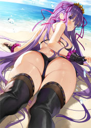 1girl :o ass bare_shoulders bb_(fate) bb_(fate)_(all) bb_(swimsuit_mooncancer)_(fate) beach bikini black_gloves black_thighhighs blush breasts day detexted dutch_angle fate/grand_order fate_(series) fingerless_gloves from_behind gaou_(umaiyo_puyoman) gloves hair_ribbon horizon huge_ass large_breasts long_hair looking_at_viewer looking_back micro_shorts ocean outdoors parted_lips purple_bikini purple_eyes purple_hair ribbon shorts sideboob sidelocks solo star_(symbol) swimsuit thick_thighs thighhighs thighs third-party_edit very_long_hair water_drop wet wide_hips rating:Questionable score:60 user:danbooru