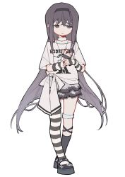  1girl absurdres akemi_homura alternate_costume ankle_socks asymmetrical_legwear black_arm_warmers black_footwear black_hair black_hairband black_pantyhose black_socks bow character_print charlotte_(madoka_magica) choker closed_mouth crossed_ankles front-tie_top fryfry008 full_body furrowed_brow hairband highres jewelry lace lace-trimmed_skirt lace_trim light_frown long_hair madoka_runes mahou_shoujo_madoka_magica mahou_shoujo_madoka_magica_(anime) mary_janes miniskirt mismatched_legwear necklace own_hands_together pantyhose pleated_skirt procreate_(medium) purple_eyes shirt shoes short_sleeves sidelocks simple_background single_leg_pantyhose single_sock skirt socks solo standing straight_hair streetwear striped_arm_warmers t-shirt tachi-e thigh_strap two-tone_arm_warmers two-tone_pantyhose very_long_hair white_arm_warmers white_background white_bow white_choker white_pantyhose white_shirt white_skirt  rating:General score:0 user:danbooru