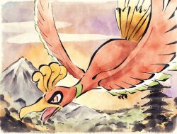  animal_focus beak bird bird_tail cloud creatures_(company) feathered_wings feathers flying game_freak gen_2_pokemon highres ho-oh legendary_pokemon metikyun mountain nintendo no_humans open_mouth outdoors pagoda pokemon pokemon_(creature) red_eyes red_feathers tail wings 
