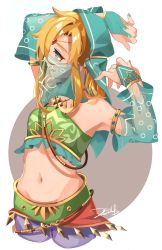  1boy armlet bandeau blonde_hair blue_eyes bridal_gauntlets commentary_request cropped_legs crossdressing dancing detached_sleeves forehead_jewel gem gerudo_set_(zelda) green_nails harem_pants highres jewelry link male_focus midriff mouth_veil nail_polish navel necklace nintendo official_alternate_costume pants pointy_ears round_image signature solo stomach strapless the_legend_of_zelda the_legend_of_zelda:_breath_of_the_wild trap tube_top veil zozy_yy  rating:Sensitive score:24 user:danbooru