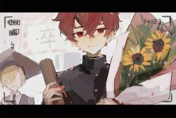  2boys bacheally battery_indicator bishounen black_border black_jacket blonde_hair border bouquet brown_hair child closed_mouth collared_shirt crossed_bangs faceless faceless_male flower gakuran graduation hair_between_eyes hat highres holding holding_bouquet jacket letterboxed long_sleeves looking_at_viewer male_focus multiple_boys necktie open_mouth original petals recording red_eyes red_hair school_uniform shirt short_hair smile sunflower taking_picture upper_body viewfinder white_shirt yellow_flower 