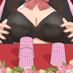  1girl animated breasts brown_hair cleavage flower head_out_of_frame interior large_breasts live2d long_hair lowres original ryokucha_michi shadow shell_game solo tagme video wardrobe_malfunction 