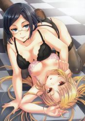  2girls all_fours arm_support arm_up armpits asymmetrical_docking bare_shoulders black_bra black_hair black_legwear black_panties blonde_hair blue_eyes blush bra breast_press breasts checkered_floor cleavage collarbone courreges_ace female_focus floor garter_belt girl_on_top glasses highres lace lace-trimmed_legwear lace_trim large_breasts lingerie long_hair looking_at_viewer lying multiple_girls nail_polish on_back open_mouth panties pantyhose parted_bangs parted_lips pink_bra red_eyes scan short_hair smile thighband_pantyhose thighhighs underwear underwear_only yuri  rating:Explicit score:55 user:danbooru