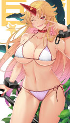  1girl alternate_costume bikini blonde_hair blush breasts chain choker cleavage club club_(weapon) commentary_request cowboy_shot cuffs fang fingernails gluteal_fold gradient_hair hataraki_kuma highres holding_club horns hoshiguma_yuugi kanabou large_breasts long_hair looking_at_viewer medium_bangs multicolored_hair navel one_eye_closed open_mouth parted_bangs pink_hair red_choker red_eyes red_horns red_nails sidelocks single_horn smile solo star_(symbol) swimsuit touhou very_long_hair weapon white_bikini 