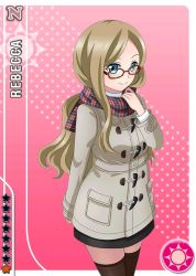  10s 1girl artist_request blonde_hair blue_eyes blush brown_thighhighs card_(medium) character_name coat glasses long_hair looking_at_viewer looking_over_eyewear love_live! love_live!_school_idol_festival official_art outside_border plaid plaid_scarf rebecca_(love_live!) red-framed_eyewear scarf smile solo standing thighhighs 