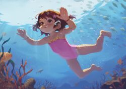  1girl alkemanubis animal barefoot blowing_bubbles brown_eyes brown_hair closed_mouth coral coral_reef fish flat_chest full_body highres navel one-piece_swimsuit original pink_one-piece_swimsuit short_hair summer swimming swimsuit toes underwater 