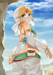  1boy armband ass bad_id bad_pixiv_id bare_shoulders blonde_hair blue_eyes bridal_gauntlets clenched_hand cloud day detached_sleeves dimples_of_venus elf from_behind from_below gerudo_set_(zelda) highres jewelry link looking_back looking_down male_focus medium_hair mouth_veil nintendo panties pointy_ears pouch see-through shoulder_blades sky solo the_legend_of_zelda trap tree underwear veil yizhirenben  rating:Questionable score:44 user:danbooru