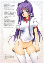00s 1girl blush bottomless clannad cleft_of_venus covered_erect_nipples fujibayashi_kyou hair_ribbon ishikei long_hair looking_at_viewer purple_eyes purple_hair pussy ribbon solo standing text_focus thighhighs translation_request uncensored white_thighhighs rating:Explicit score:51 user:Anonymous