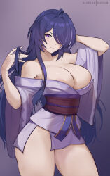 1girl acheron_(honkai:_star_rail) areola_slip arm_behind_head armpit_crease arms_up bare_shoulders breasts closed_mouth hair_over_one_eye highres hioyami honkai:_star_rail honkai_(series) japanese_clothes kimono large_breasts long_hair looking_to_the_side multicolored_hair open_clothes open_kimono playing_with_own_hair purple_eyes purple_hair purple_kimono purple_pupils sash simple_background solo streaked_hair thighs very_long_hair  rating:Sensitive score:39 user:ShinRei
