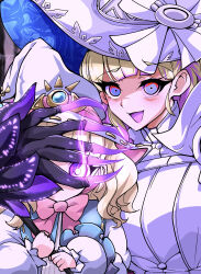  2girls absurdres age_difference blonde_hair blunt_bangs claws covering_another&#039;s_eyes diabellze_the_original_sinkeeper dual_persona duel_monster evil_smile fingernails glowing glowing_eyes hat highres jumpsuit long_fingernails looking_at_viewer multiple_girls puffy_sleeves purple_eyes purple_hair risette_of_the_white_woods smile white_jumpsuit witch_hat yu-gi-oh! yurume_ami 