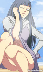  bikini bikini_top_only blue_hair breasts cleavage hyuuga_hinata jacket large_breasts legs long_hair naruto naruto_(series) open_clothes sky swimsuit thighs wink withpride  rating:Sensitive score:63 user:rms141
