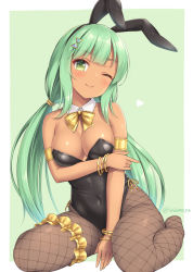 1girl animal_ears armlet black_leotard blush border bow bowtie breasts bridal_garter brown_pantyhose closed_mouth dark-skinned_female dark_skin detached_collar fake_animal_ears fishnet_pantyhose fishnets green_background haura_(sasaame) head_tilt heart highleg highleg_leotard leotard long_hair looking_at_viewer low_twintails medium_breasts one_eye_closed original pantyhose playboy_bunny rabbit_ears sasaame seiza simple_background sitting smile solo thigh_scrunchie twintails twitter_username white_border wing_collar yellow_bow yellow_bowtie rating:Sensitive score:13 user:danbooru