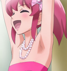 10s 1girl ^_^ aino_megumi armpits arms_up bare_shoulders closed_eyes happinesscharge_precure! haruyama_kazunori jewelry necklace open_mouth pearl_necklace ponytail precure red_hair short_hair solo rating:Sensitive score:20 user:danbooru