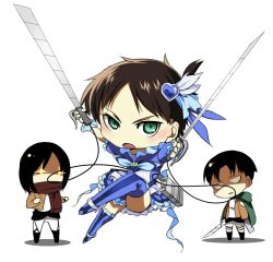  +_+ 1girl 2boys ascot bad_id bad_pixiv_id blue_footwear boots cable chibi cosplay cropped_jacket crossdressing cure_beat cure_beat_(cosplay) dual_wielding eren_yeager glowing glowing_eyes green_eyes hair_ornament heart holding jacket levi_(shingeki_no_kyojin) magical_girl mikasa_ackerman multiple_boys name_connection open_clothes open_jacket precure scarf shingeki_no_kyojin suite_precure sword thighhighs three-dimensional_maneuver_gear wadani_hitonori weapon 