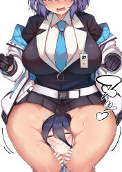  2girls absurdres aris_(blue_archive) belt between_thighs black_gloves black_hair black_skirt blue_archive blue_necktie blush breasts closed_eyes closed_mouth collared_shirt gloves hands_on_another&#039;s_thighs head_between_thighs highres jacket large_breasts long_bangs long_hair looking_down multiple_girls muyoshito necktie open_mouth purple_hair shirt skirt smile white_background white_belt white_jacket white_shirt yuuka_(blue_archive) 