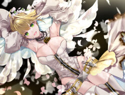  1girl ahoge akatsuki_hijiri armpits arms_up bare_shoulders belt blonde_hair blush breasts chain cleavage detached_collar detached_sleeves elbow_gloves fate/extra fate/extra_ccc fate/grand_order fate_(series) flower_wreath gloves green_eyes hair_between_eyes hair_intakes head_wreath highleg highleg_leotard large_breasts leotard lock long_hair looking_at_viewer nero_claudius_(bride)_(fate) nero_claudius_(bride)_(second_ascension)_(fate) nero_claudius_(fate) nero_claudius_(fate)_(all) open_mouth padlock petals puffy_sleeves smile solo thighhighs thighs veil white_gloves white_leotard white_thighhighs wide_sleeves zipper 